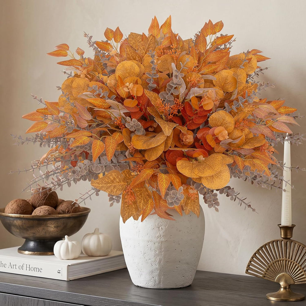 lovemoon 130 Pcs Fall Mixed Greenery Artificial Eucalyptus Stems, Orange