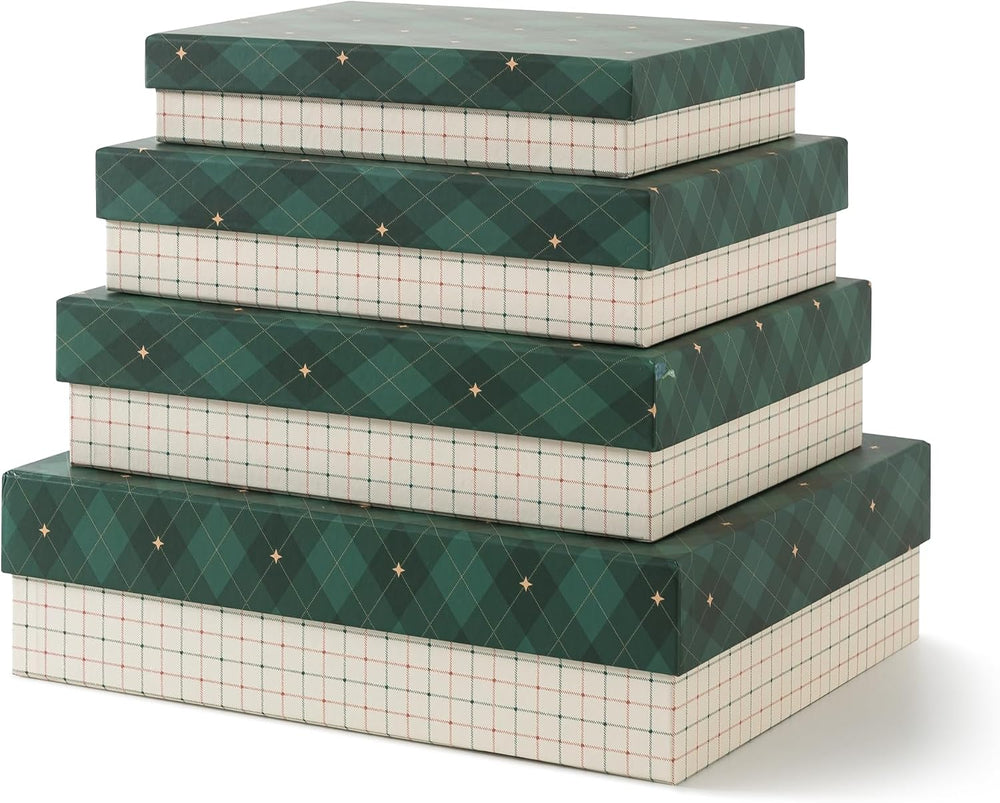 Soul & Lane - Check Christmas Gift Boxes with Lids, Set of 4, Holiday Boxes