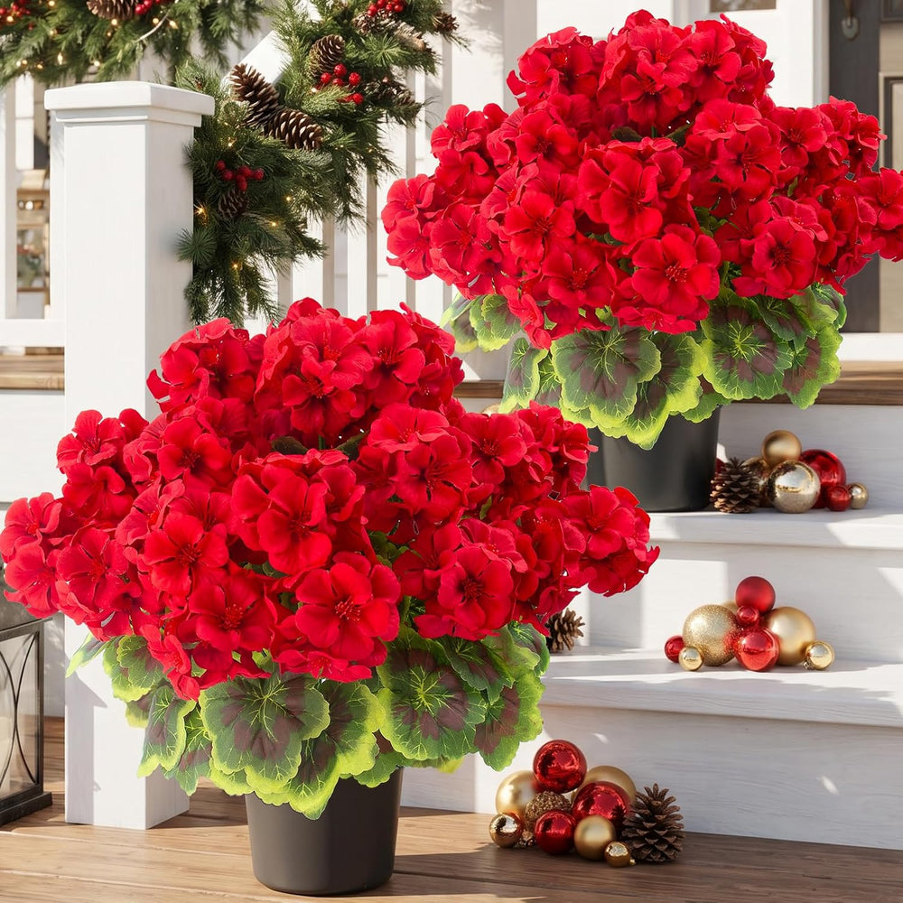 Lovemoon 2pcs Potted Red Geraniums Artificial Outdoor Flowers for Christmas