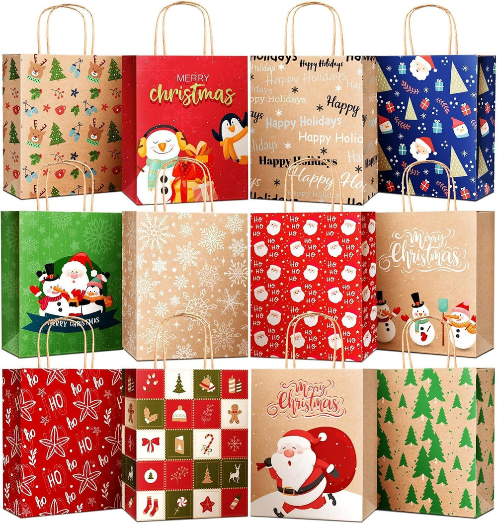 DeckTheHalls 36 Pack Christmas Kraft Gift Bags with Handles, 7.5 x3.5 x9 in