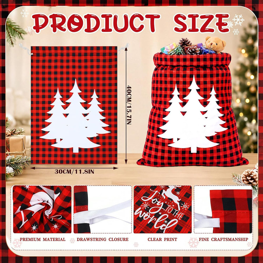 Windyun 16 Pcs Christmas Drawstring Bag Santa Sack Bag Buffalo Plaid 12x16