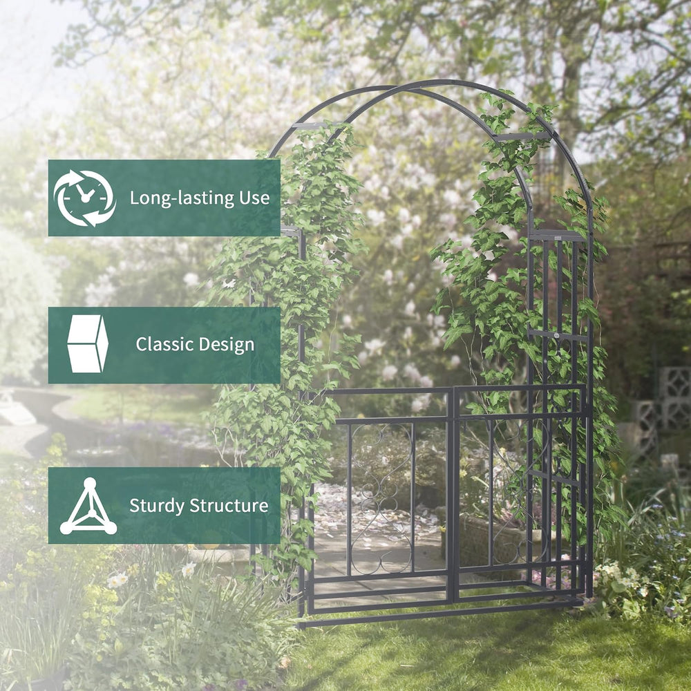 Outsunny 81" Metal Garden Arbor with Double Doors Locking Gate Arch Grey
