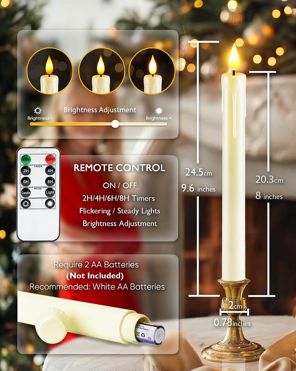 Homemory 12 Pcs Plastic Flameless Taper Candles with Remote Timer Dimmer, Ivo...