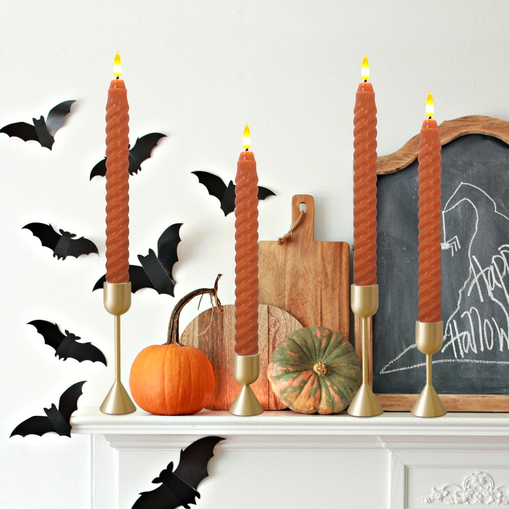Pumpkin LED Flameless Spiral Taper Candles, 9.8", Real Wax, Fall Decor