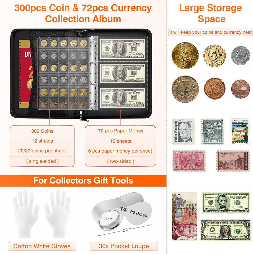 Coin Collection Book with Lock,Fireproof Holders for Collectors,300 Pockets C...