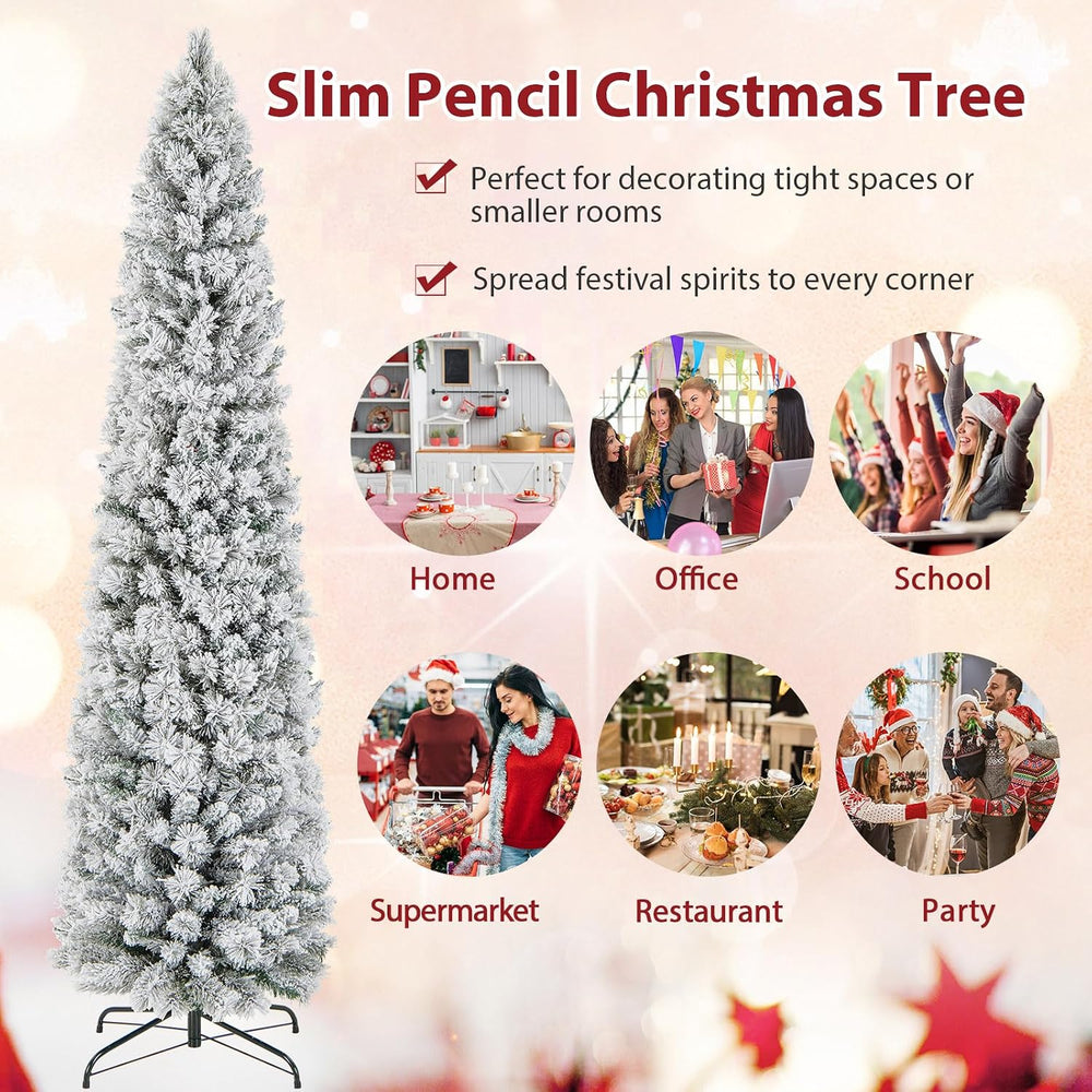 Goplus 7ft Pre-Lit Snow Flocked Pencil Christmas Tree, Artificial Slim Xmas T...
