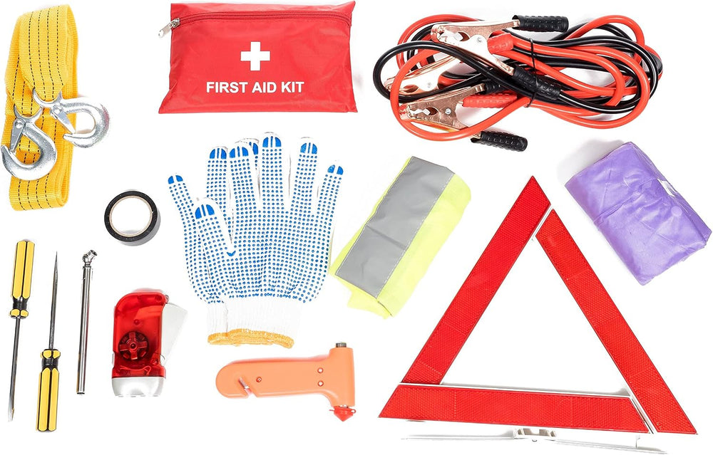 Roadside Car Emergency Kit - First Aid Set, Jumper Cables, Tow Strap, LED Fla...