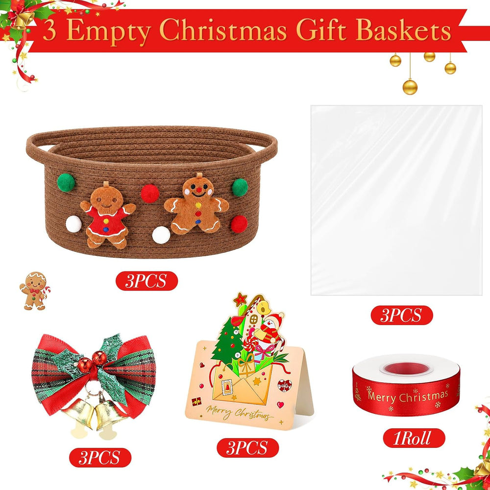 3 Set Christmas Woven Gift Basket Empty with Gift Bag, Gingerbread Man