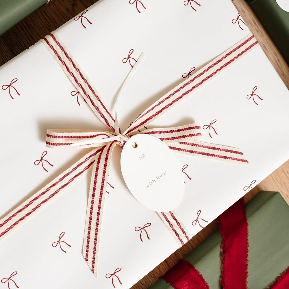 Merry Market Satin Christmas Wrapping Paper (Bows, Stripes, Solid Green)