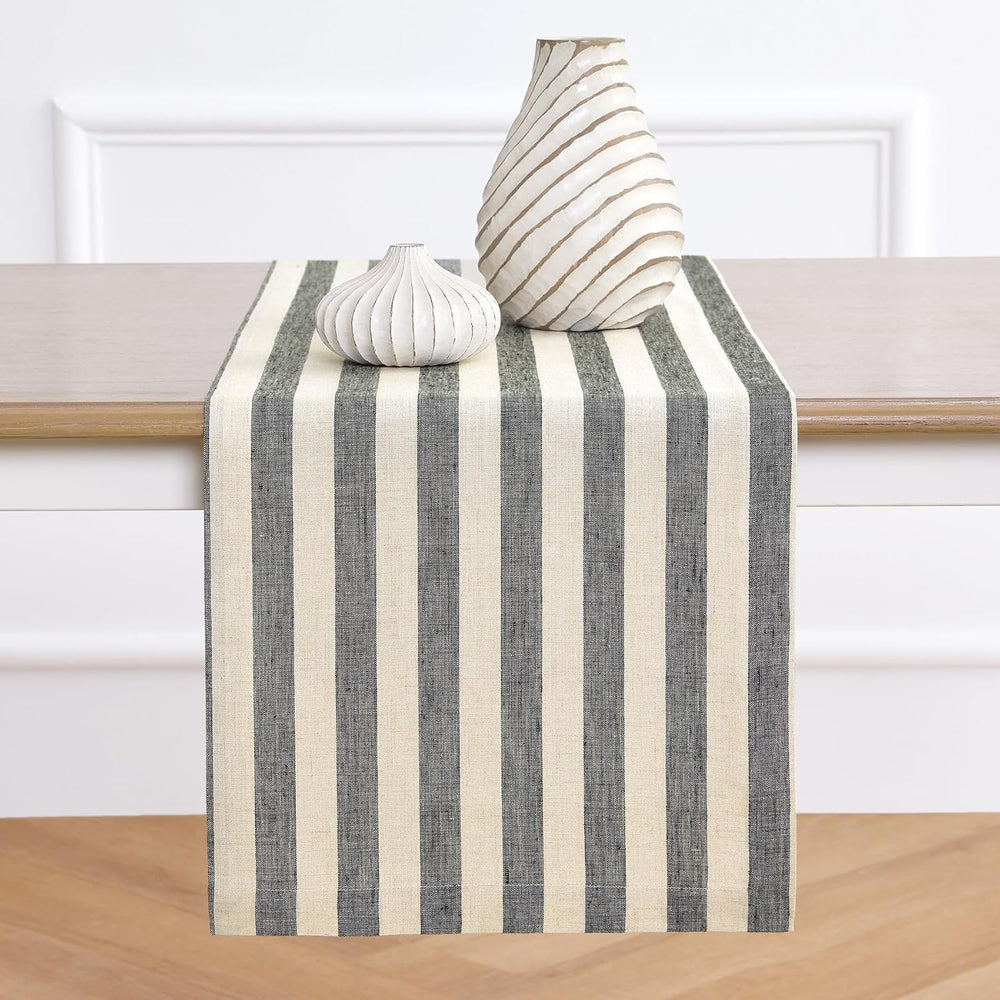 Solino Home 100% Linen Table Runner, 14 x 72 in, Black and Natural Striped