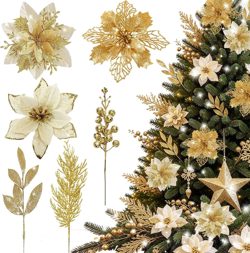 60Pcs Artificial Poinsettia Christmas Flowers Berries Xmas Decor Gold