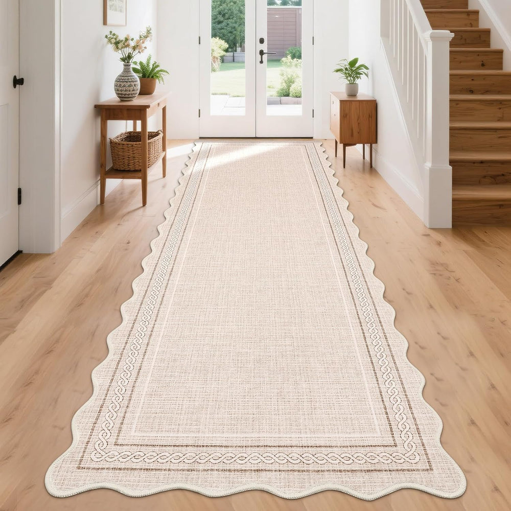 GarveeHome Scalloped Washable Runner Rug 2x10 Non Slip Kitchen Rugs, Beige