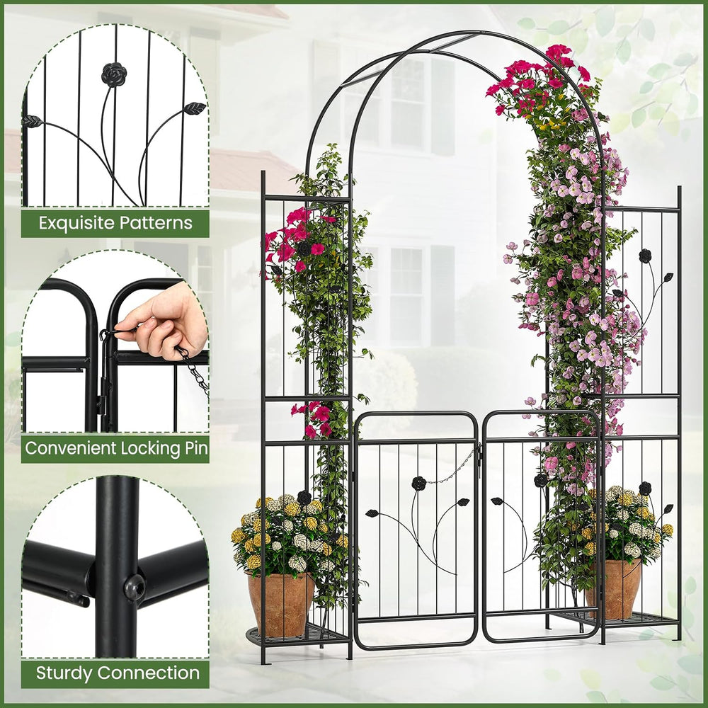 HAPPYGRILL 87" Garden Arbor, Garden Arch with Planter Shelves & Gate