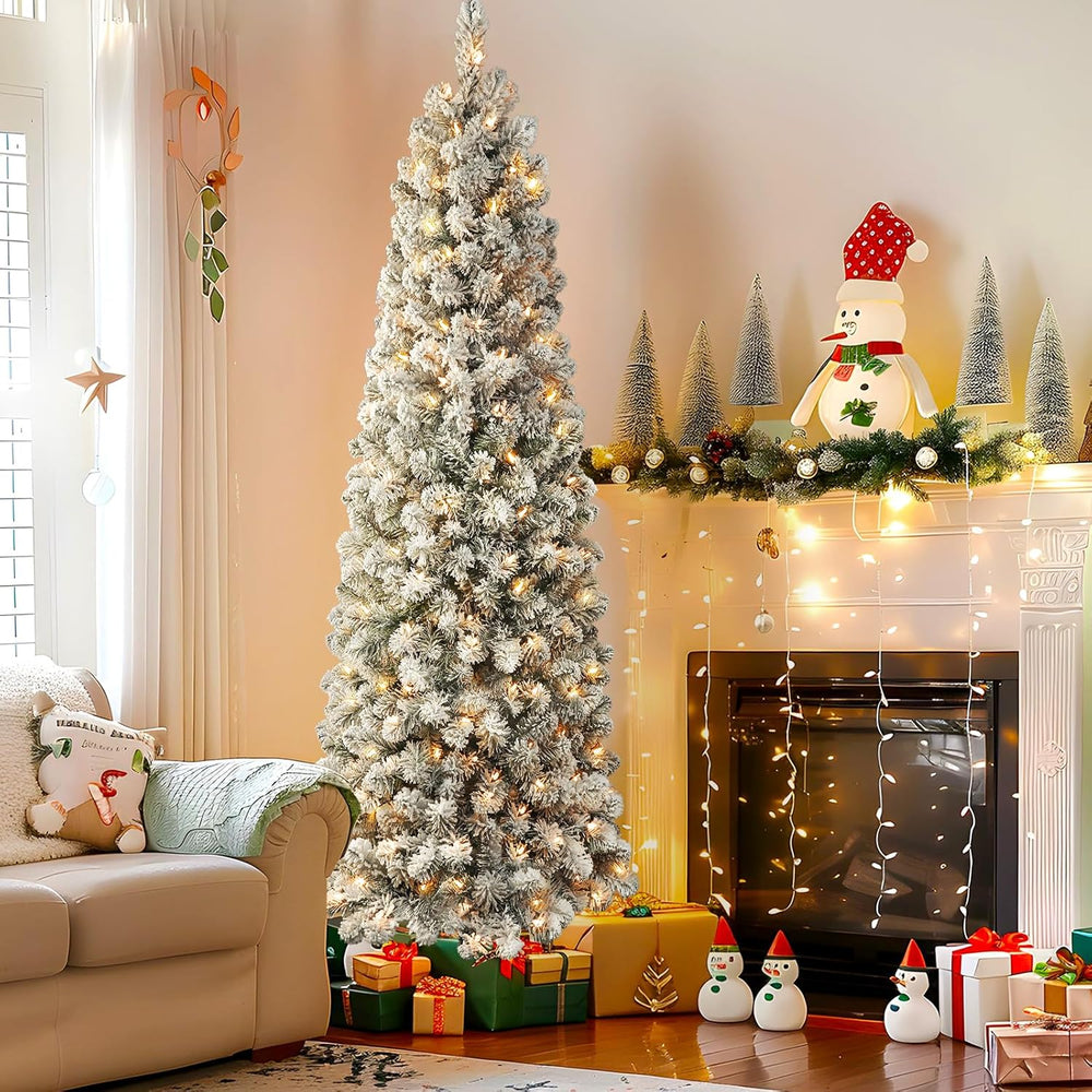 SHareconn 7ft Prelit Snow Flocked Artificial Slim Pencil Christmas Tree