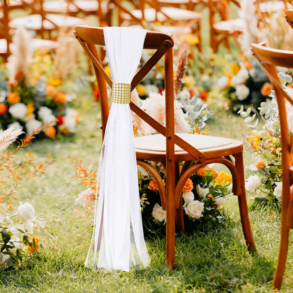 Large White Pew Bows Tulle Wedding Aisle Chair Decorations with Gold Wrap