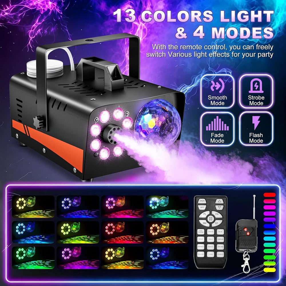1200W Fog Machine, 6000CFM for Halloween, Disco Light & Remote