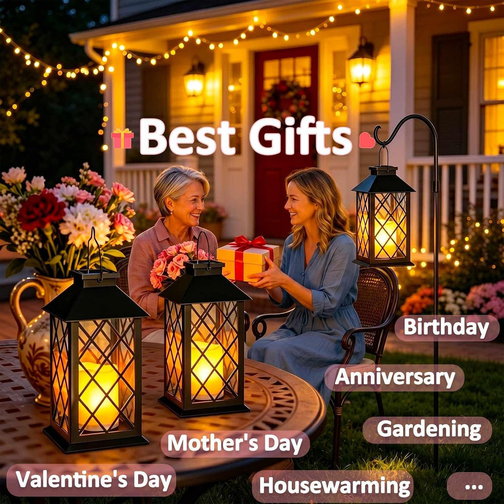2 Pack 14" Large Tempered Glass Solar Lanterns Outdoor Waterproof, Black
