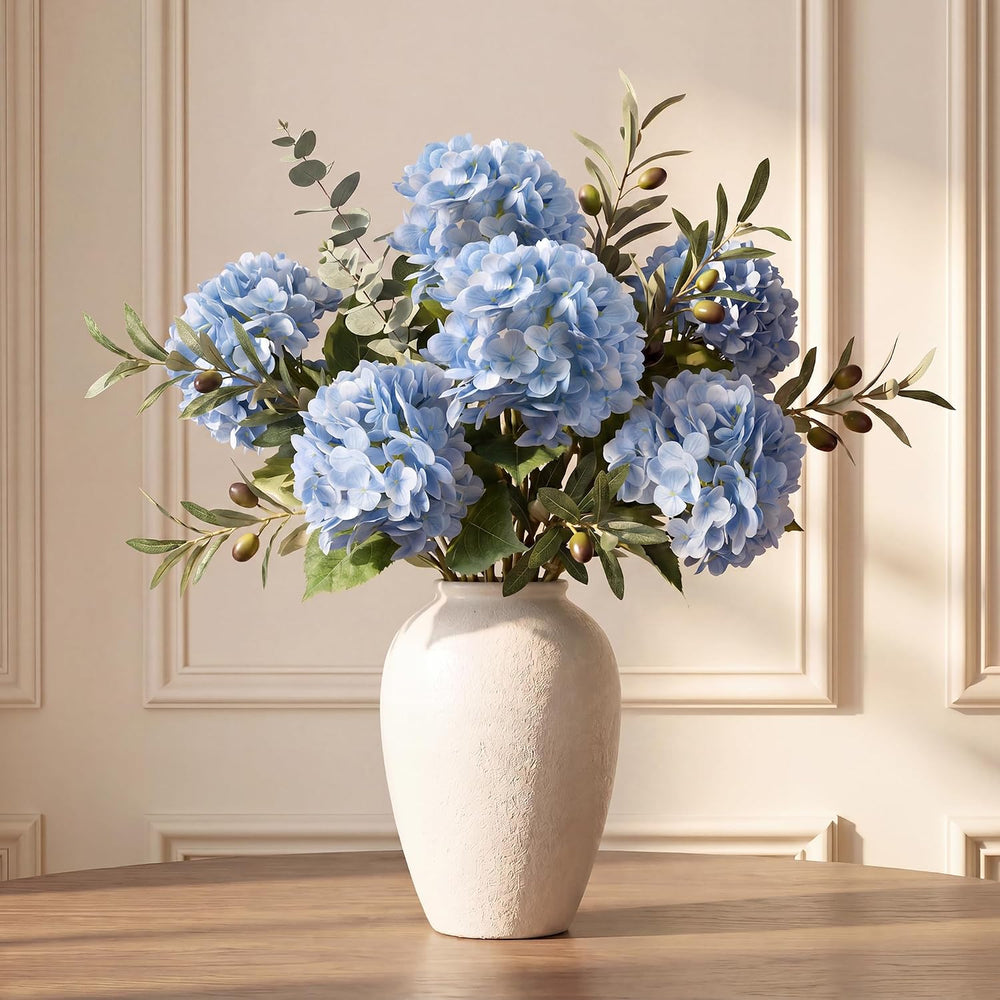 6 Pcs Blue Hydrangea Artificial Flowers with Olives & Eucalyptus