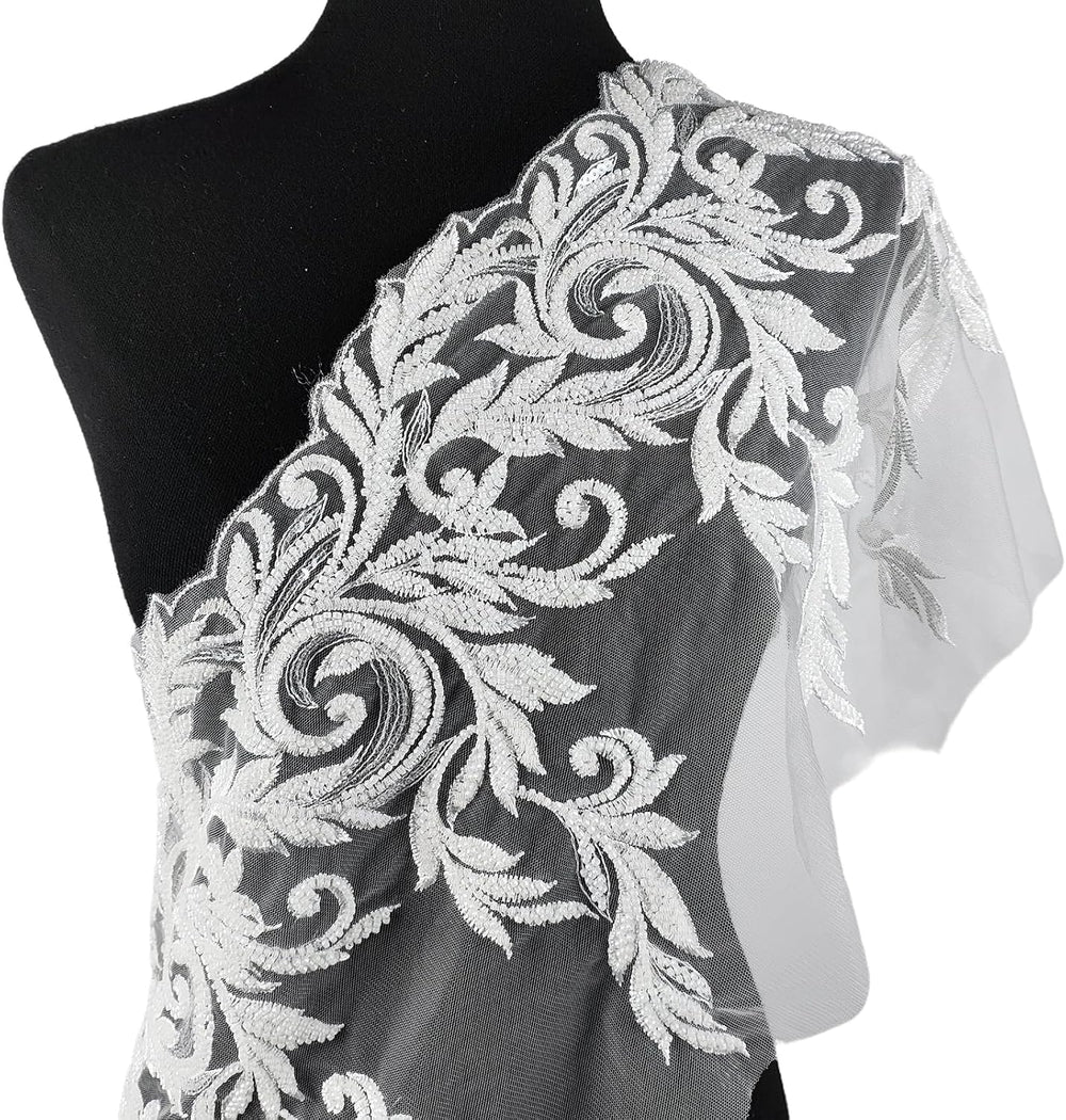 1 Yards White 3D Lace Applique, Sew on Sequin Bead Fabric Lace Patches Embroi...