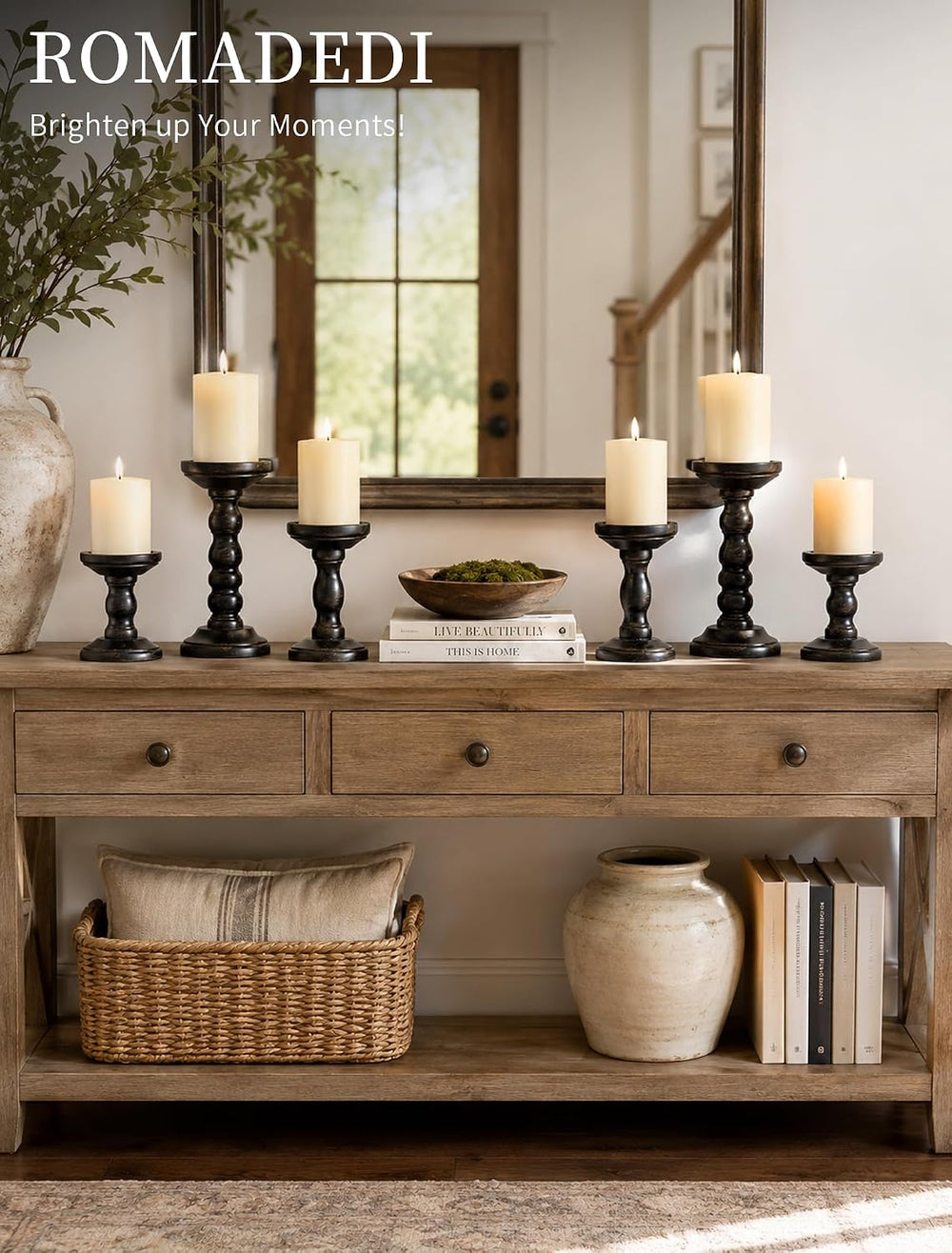 Romadedi Solid Wood Pillar Candle Holder, Black, Set of 3, 8.3/5.9/3.9-in