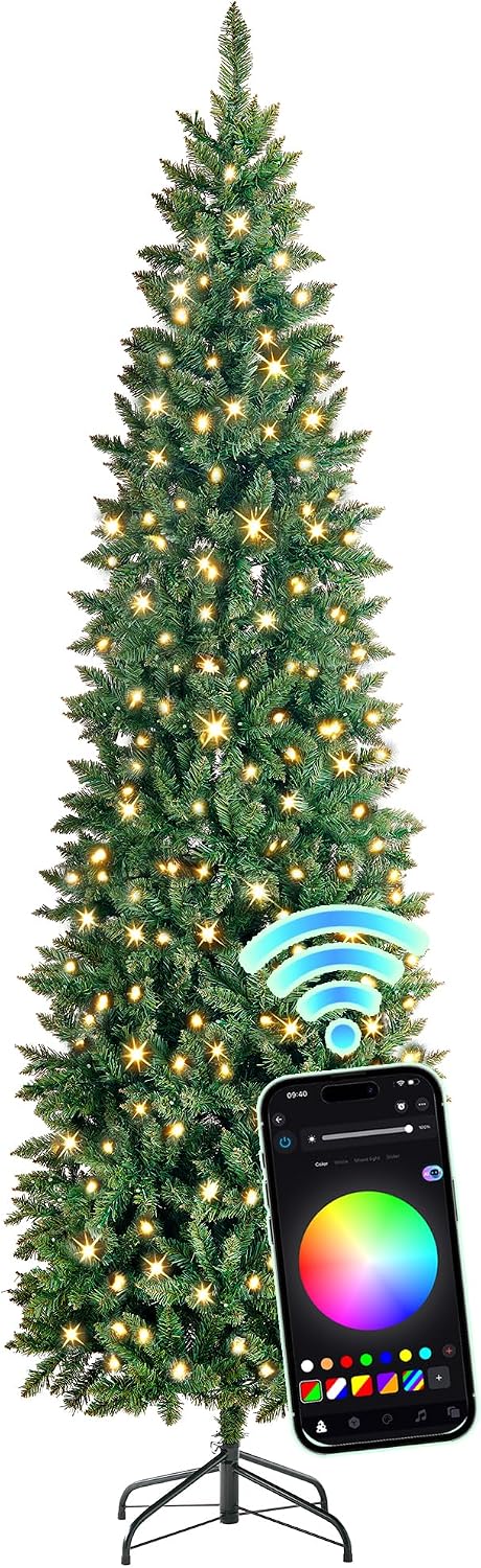 7.5ft Prelit Pencil Christmas Tree, RGBW Lights, App Control