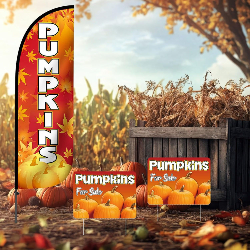 6 Pcs Pumpkin Feather Flag Kit with Yard Signs and Metal Stakes