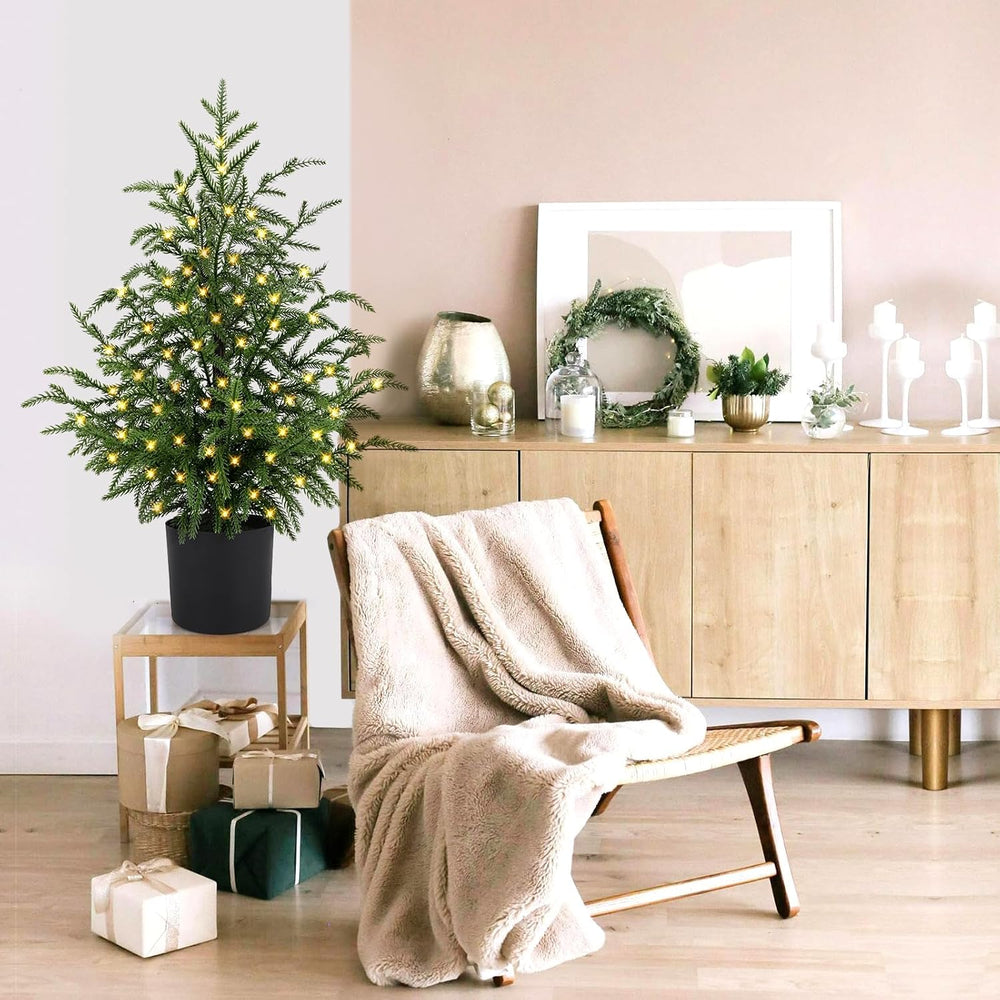 2FT Norfolk Pine Christmas Trees – Set of 2 Small Artificial Pre-lit Trees, 3...