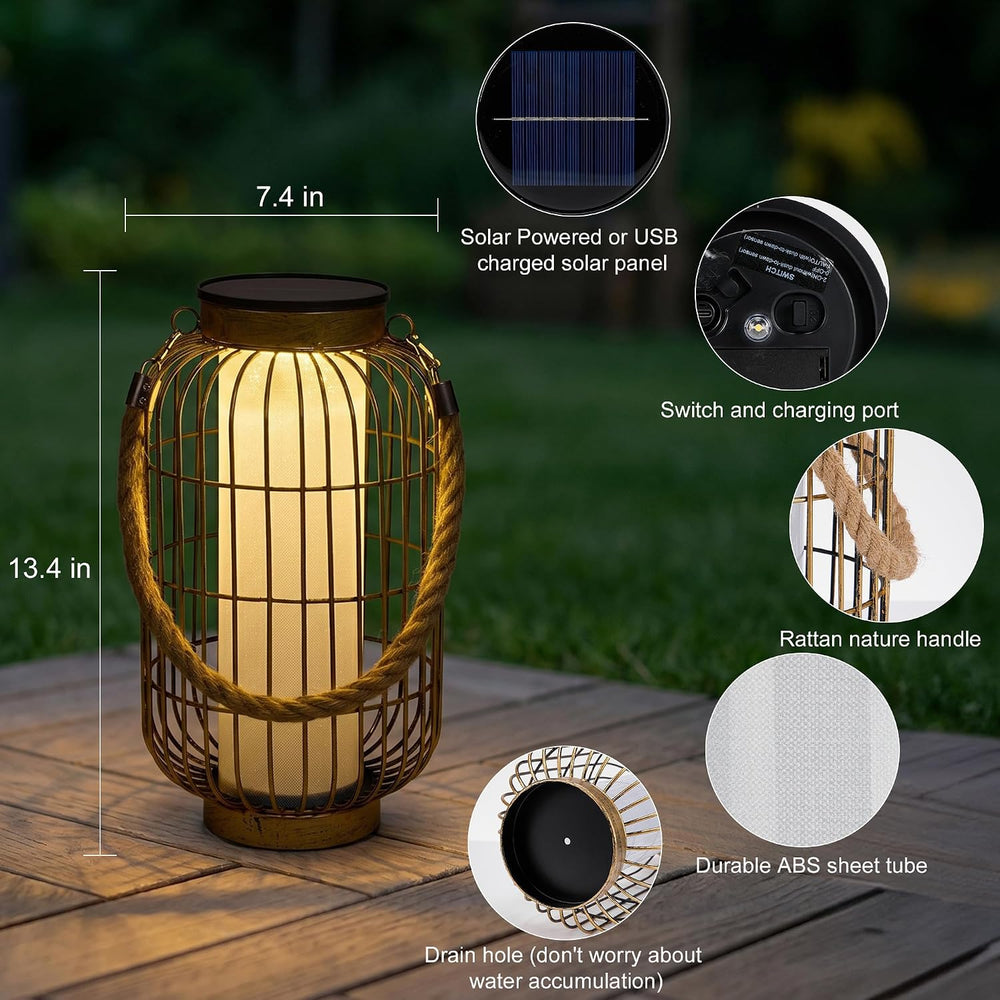 Large Solar Lanterns Outdoor Waterproof for Patio, Dual Charging USB/Solar