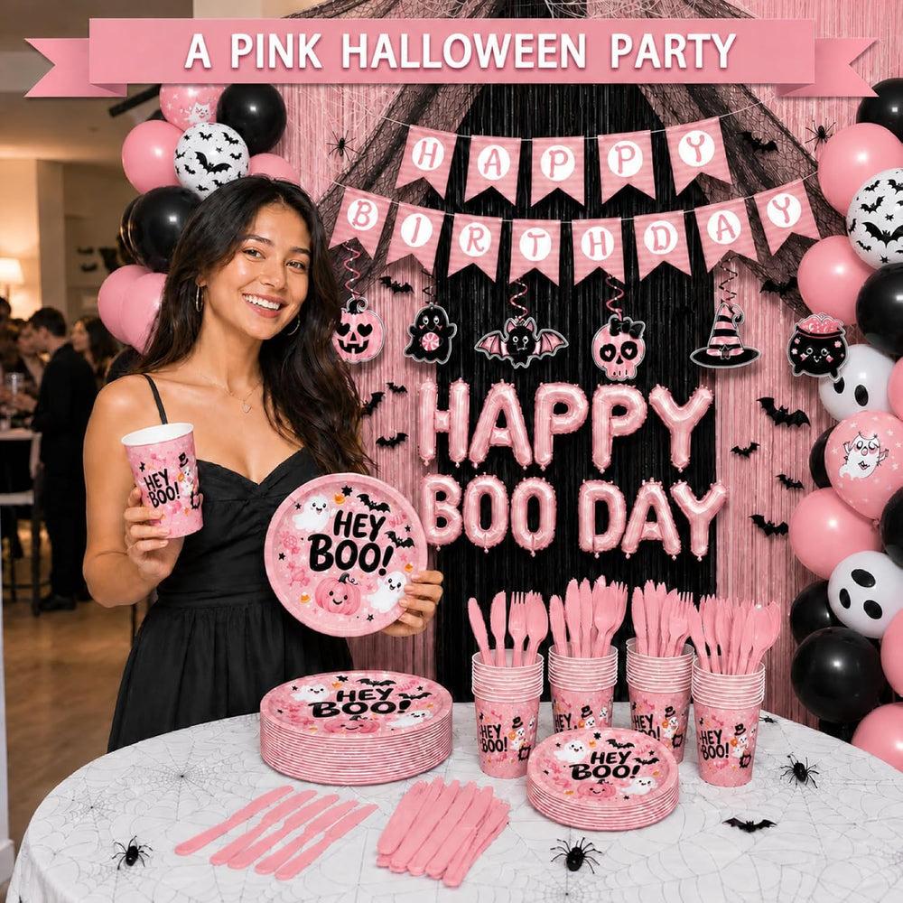 UJoyant Pink Halloween Party Decorations, Birthday Tableware for 25 Guests