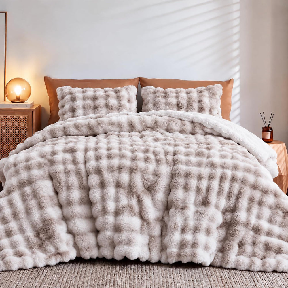 DAICO Fluffy Faux Rabbit Fur Bubble Comforter Set King Size Tie Dyed Taupe