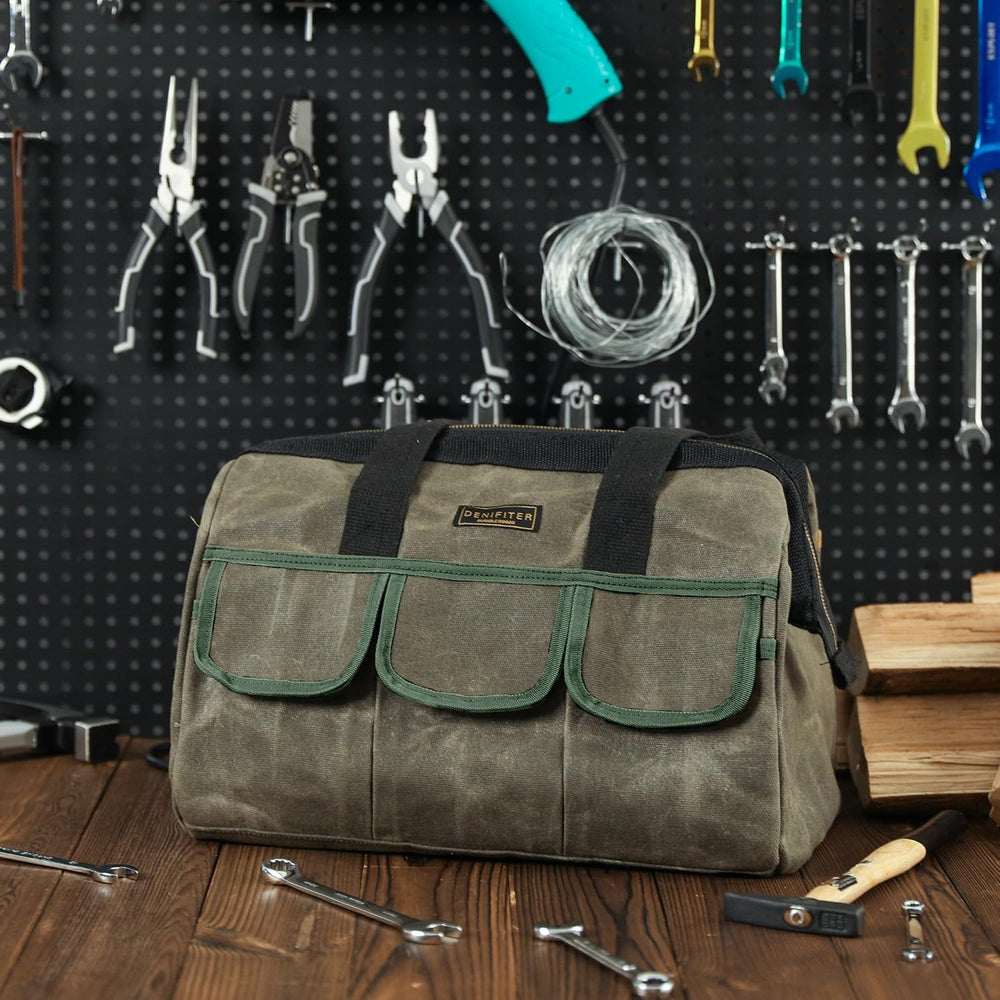 15 Inch Tool Bag, Heavy Duty Waxed Canvas Wide Mouth Water-Resistant Tool Pou...