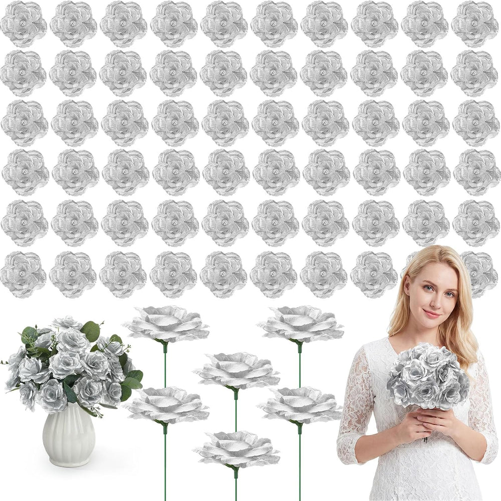 Yunlly 240 Pcs Silver Artificial Flower Silk Rose Head Flower with Stem