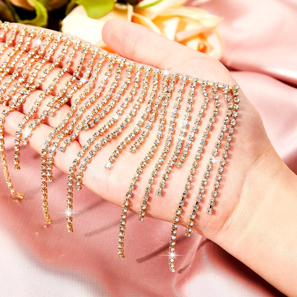 MTLEE Rhinestone Fringe Trim Fringe Belt, 4 Yard, Champagne