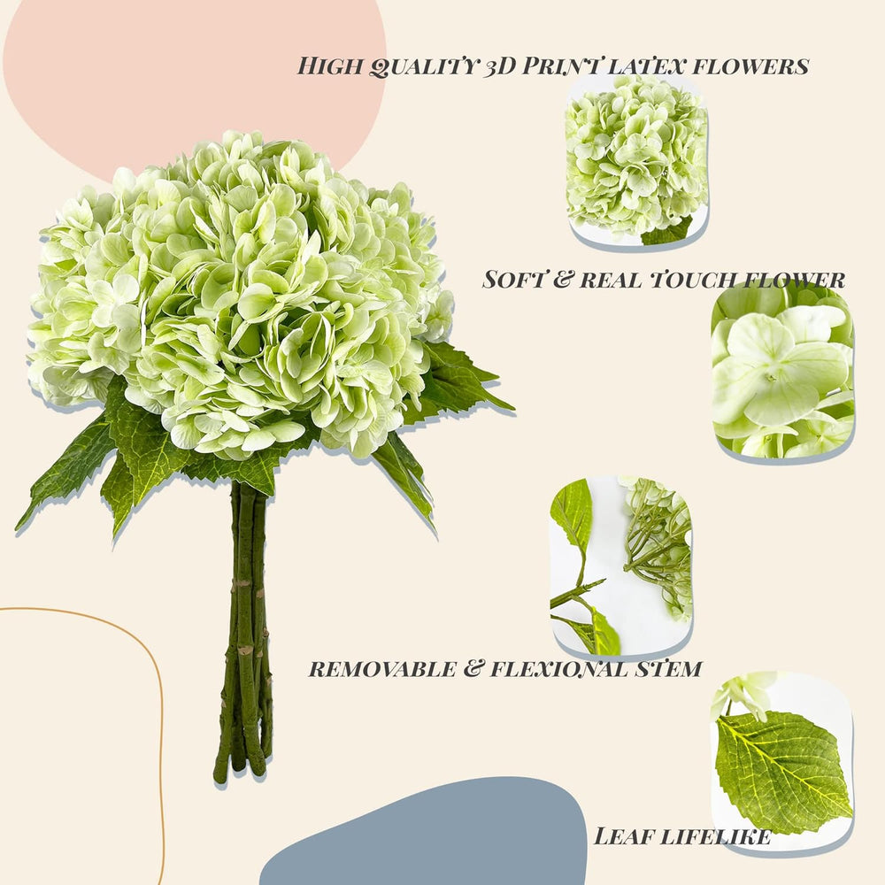 21In Light Green Artificial Hydrangea Flowers with Stems 5 Pcs