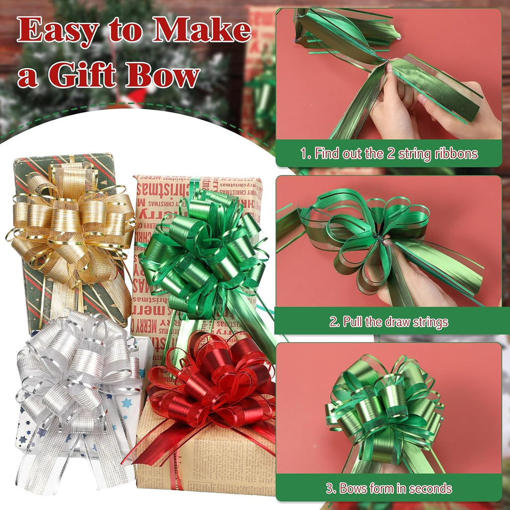 WILLBOND 100 Pcs Christmas Pull Bow for Gift Wrapping, 4 Colors