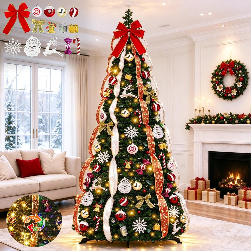 6FT Prelit Pop Up Christmas Tree, Pre-Decorated Collapsible Xmas Tree Decor