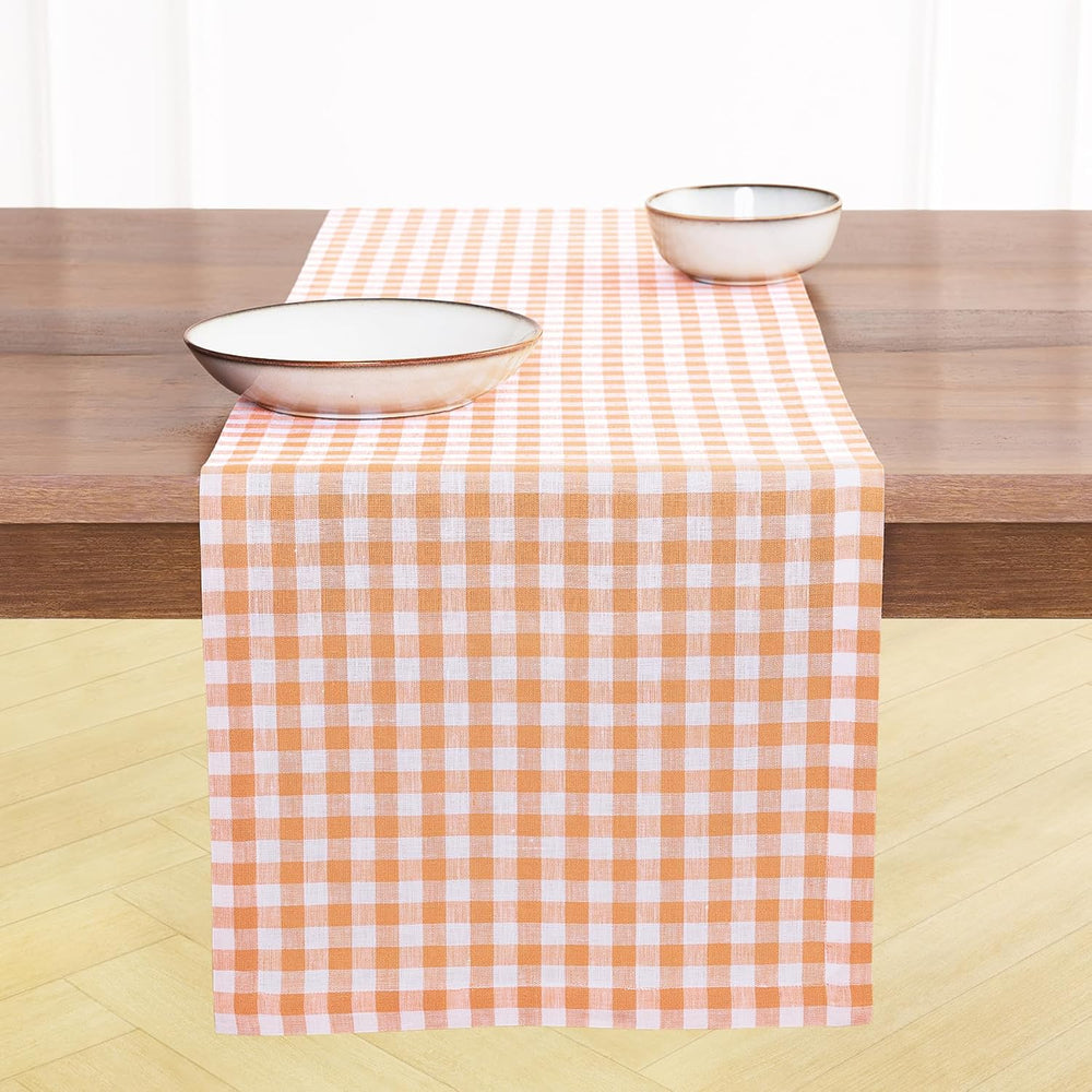 Solino Home 100% Pure Linen Table Runner Apricot, Gingham Check 14 x 90 in