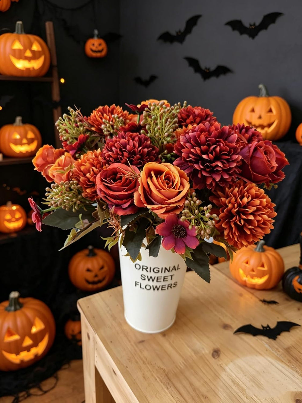 8 Pack Artificial Fall Flowers, Orange Red Silk Faux Bouquet