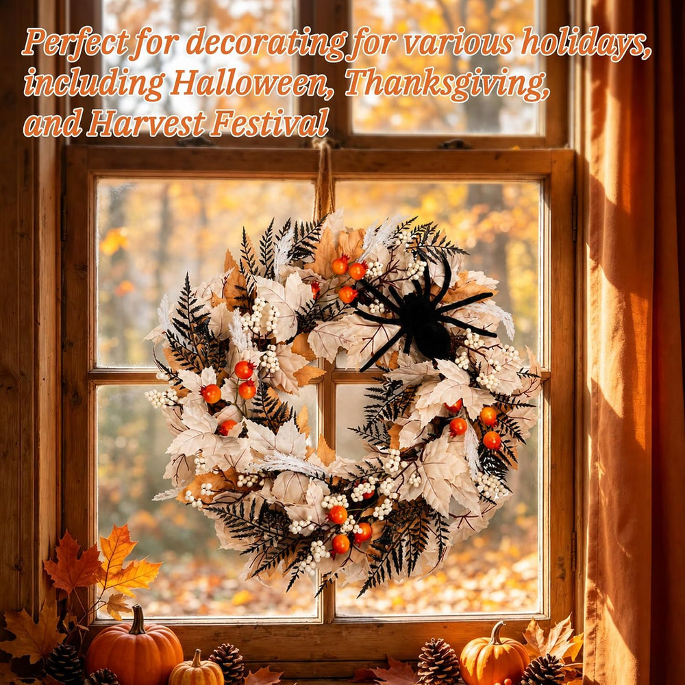 Grooy 22 Inch Halloween Wreath for Front Door with Spider Maple Leaf