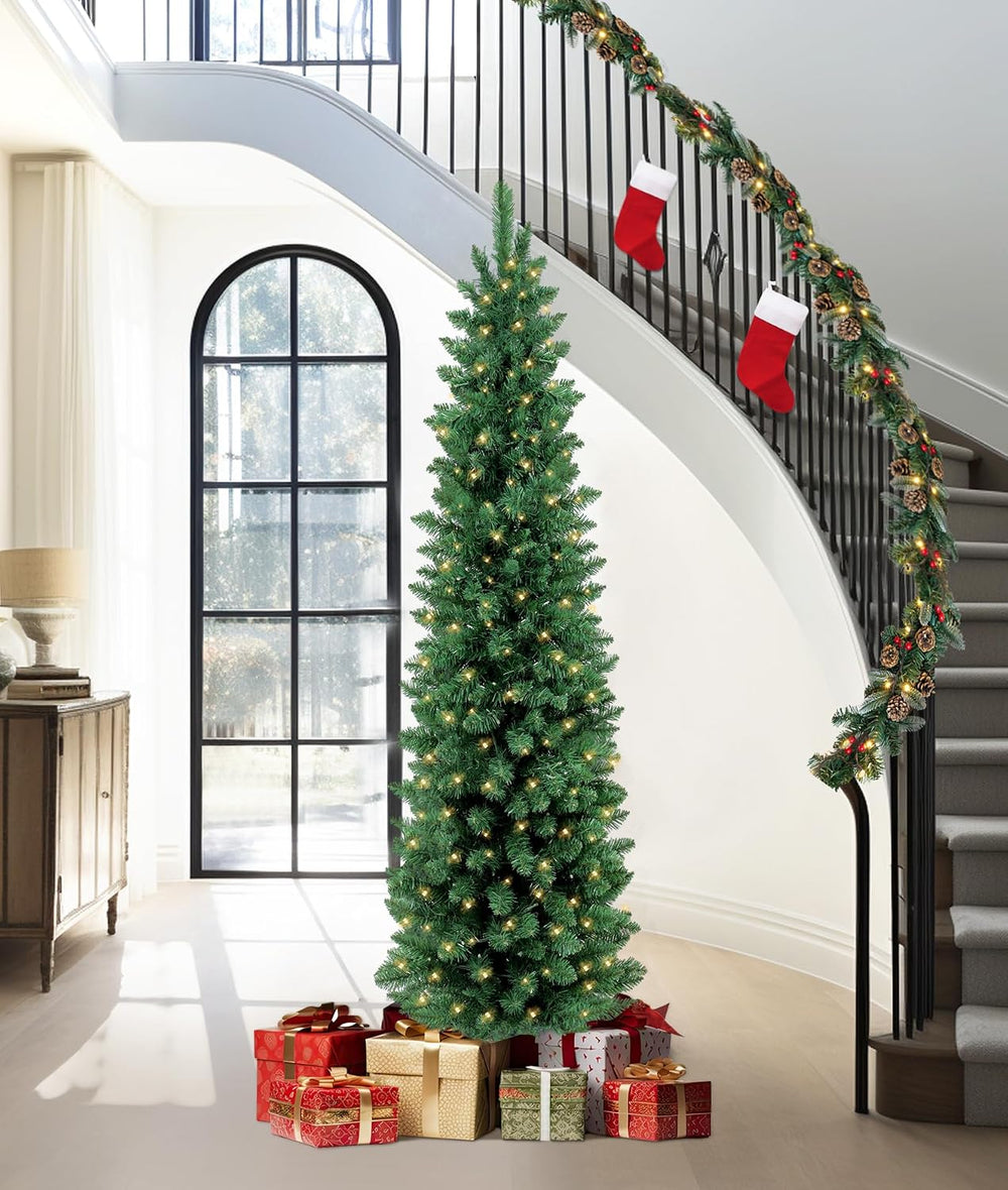 6ft Pre-Lit Fir Pencil Christmas Tree, Green Classic Artificial Slim Skinny C...