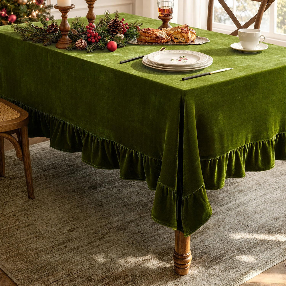 MIULEE Rectangle Velvet Ruffle Tablecloth 60x102 Inch Christmas Olive Green