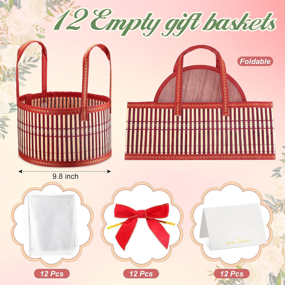 12 Set Empty Gift Baskets to Fill for Raffle, Bamboo, Red