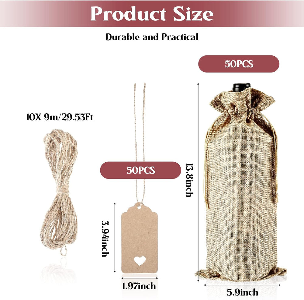 Windyun 50 Pcs Burlap Wine Bag Bulk Gift Bag with Drawstrings, Brown