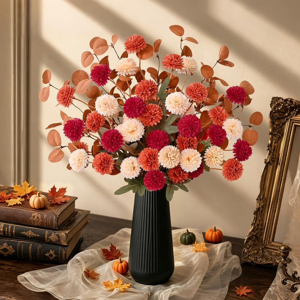 12 Pcs Realistic Fall Flowers Fake Mums with Vase, Full Silk Pompon Bulk