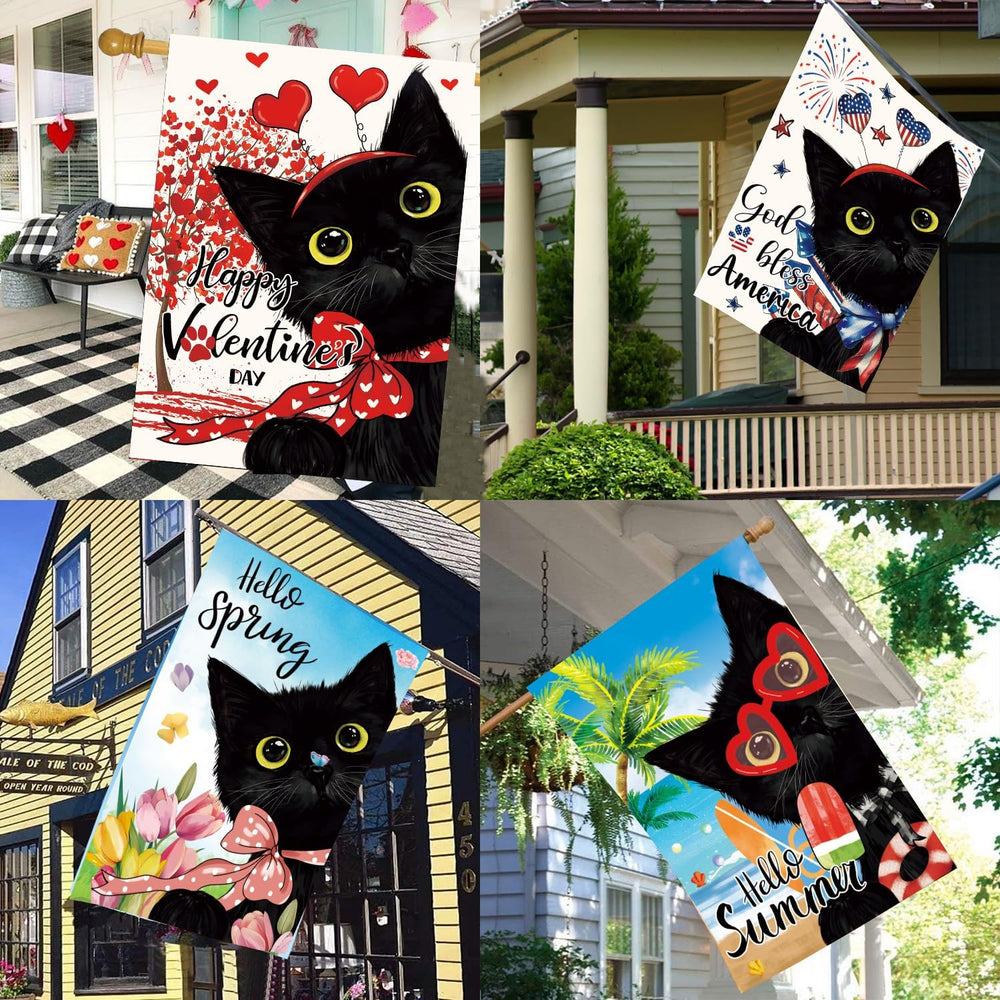 Cat Garden Flags Set of 11, Double Sided 28 x 40 Inch Black Cat House Flags