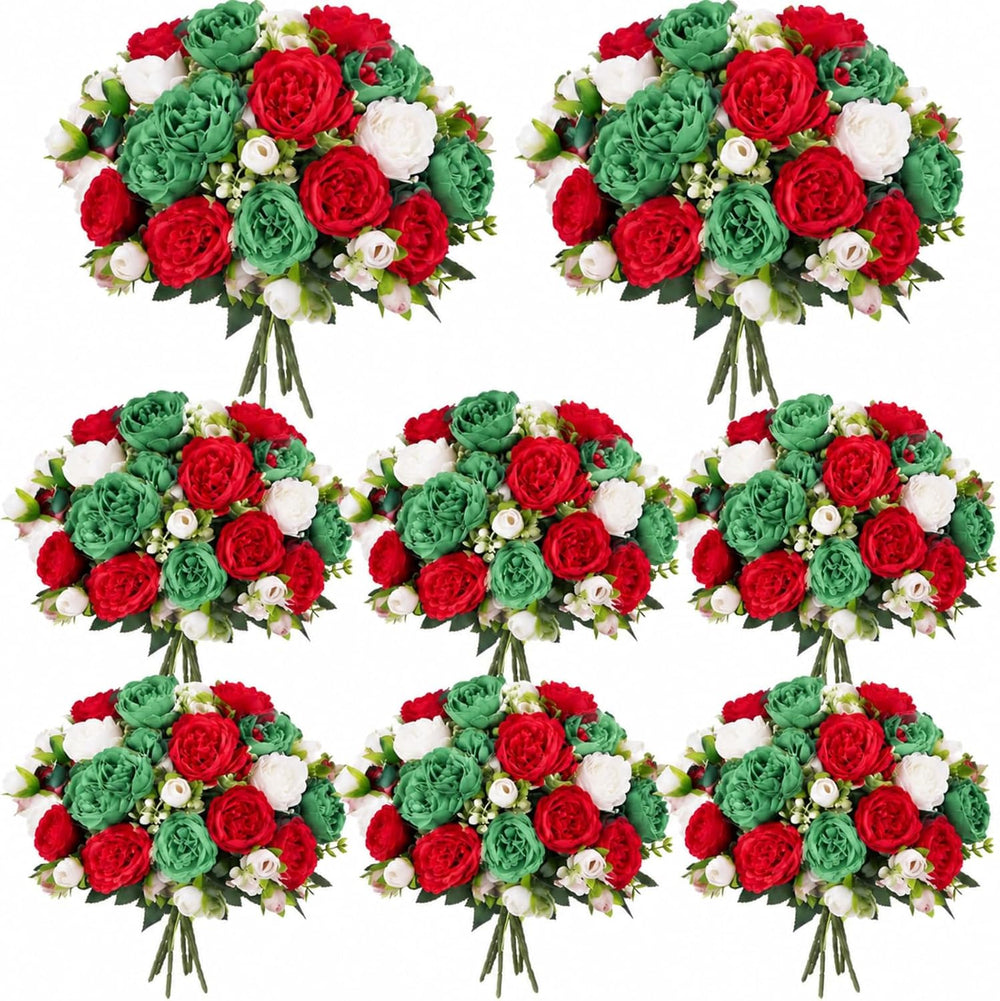 8 Bundles Artificial Peonies Flowers, Red, Green, White