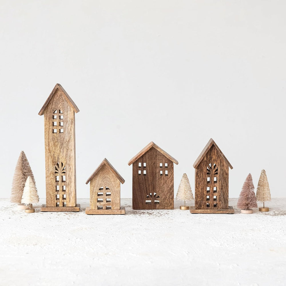 Creative Co-Op Decorative Carved Mango Wood Houses, Natural, Set of 4