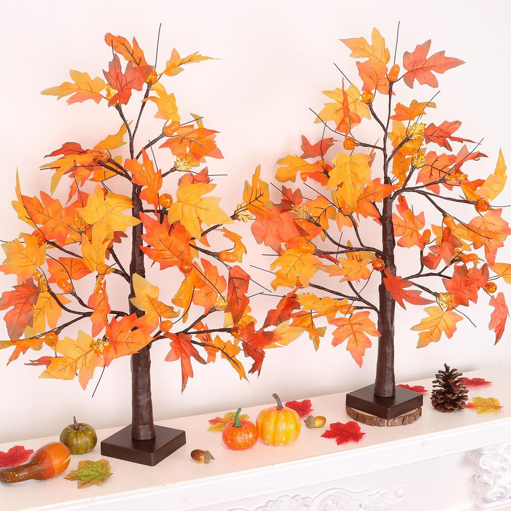 2 Pack 24 Inch Fall Maple Tree with 48LED Thanksgiving Table Decorations Batt...