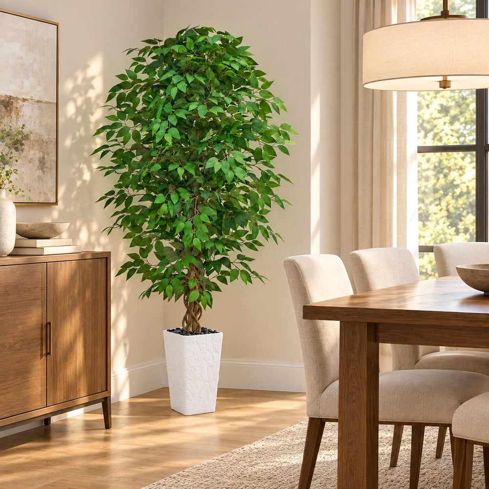 Artificial Ficus Tree 6FT, Large Fake Tree for Home Decor (White Planter)