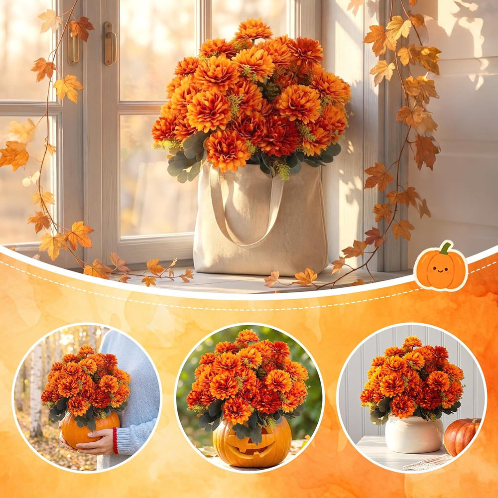 6 Pcs 54 Heads Large Fall Flowers Artificial Mums for Outdoor